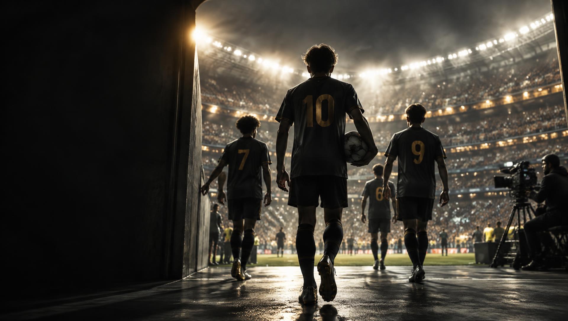 Youth soccer players entering a floodlit international stadium